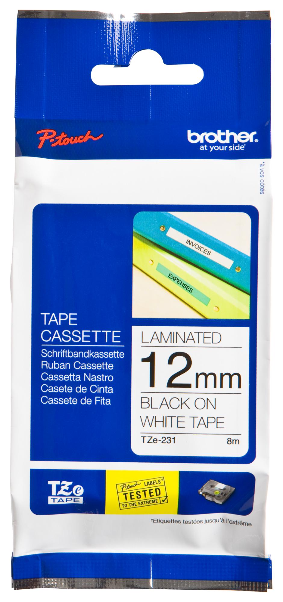 TZE231 Brother Label Printer Tape, AdhesiveLaminated, Black on White