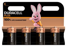 DURACELL MN1400 P4 +/PWR Battery, 1.5 V, C, Alkaline, Raised Positive and Flat Negative, 4