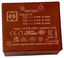 MYRRA 49150C AC/DC PCB Mount Power Supply (PSU), ITE & Household, 1 Output, 5 W, 15 VDC, 330 mA