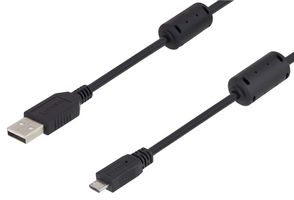 L-COM U2A00003-5M USB Cable, Type A Plug to Micro Type B Plug, 5 m, 16.4 ft, USB 2.0, Black