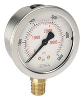 NOSHOK 25-901-2000-PSI/BAR Pressure Gauge, 2000 psi, -20 °C to 60 °C, 1/4" NPT, Dual Scale - psi/bar, 900 Series