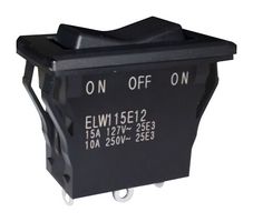 NIDEC COMPONENTS ELW115E12 Rocker Switch, Sealed, On-Off-On, SPDT, Non Illuminated, Panel, Snap-In, Black, ELW Series