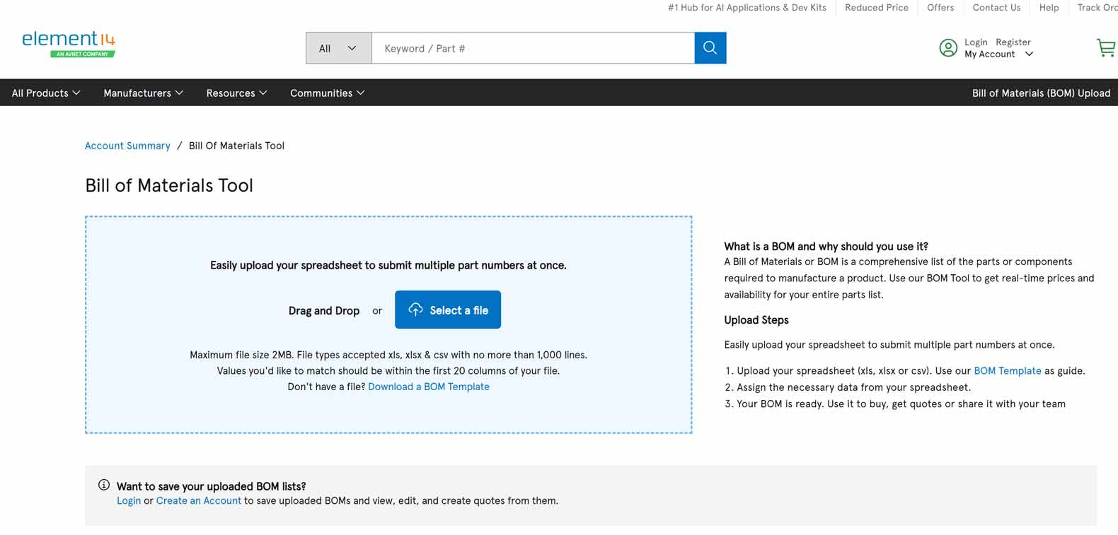 element14 BOM tool step 1